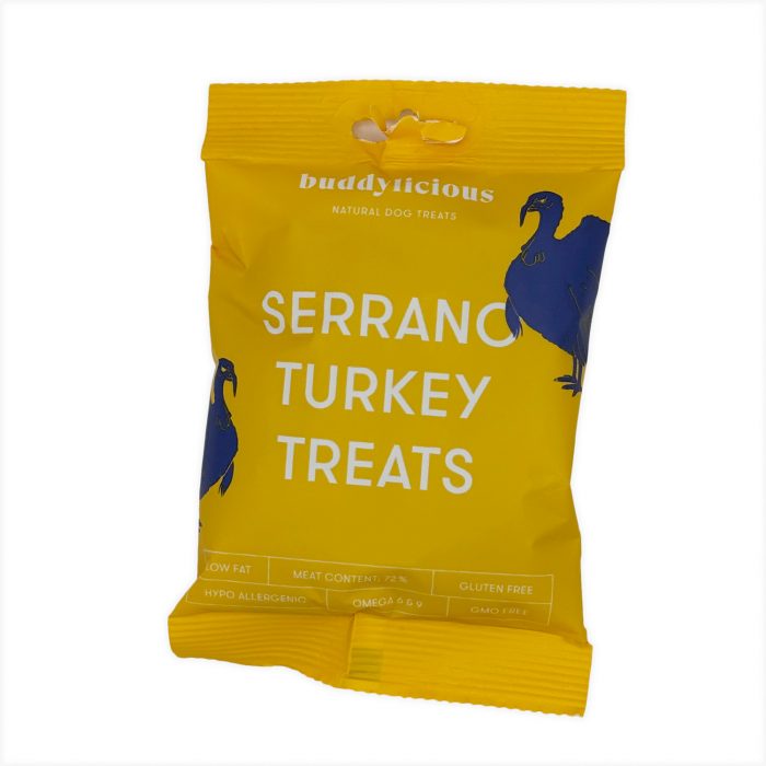 Yellow Buddylicious Serrano Turkey Treats dog snack bag with blue turkey illustrations and white text, semi-moist natural treats rich in omega oils – EdenWave.