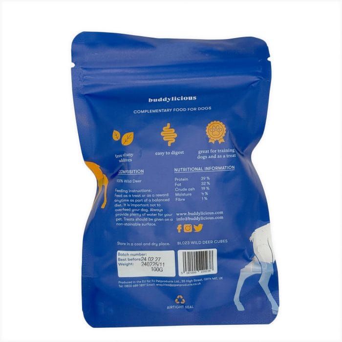 Back of Buddylicious Wild Deer Cubes dog treat bag showing ingredients, nutritional values, and feeding instructions – 100% natural venison – EdenWave.