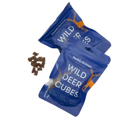 Two blue Buddylicious Wild Deer Cubes bags with small air-dried venison cubes on white background – 100% natural, grain-free, and rich in omega oils – EdenWave.