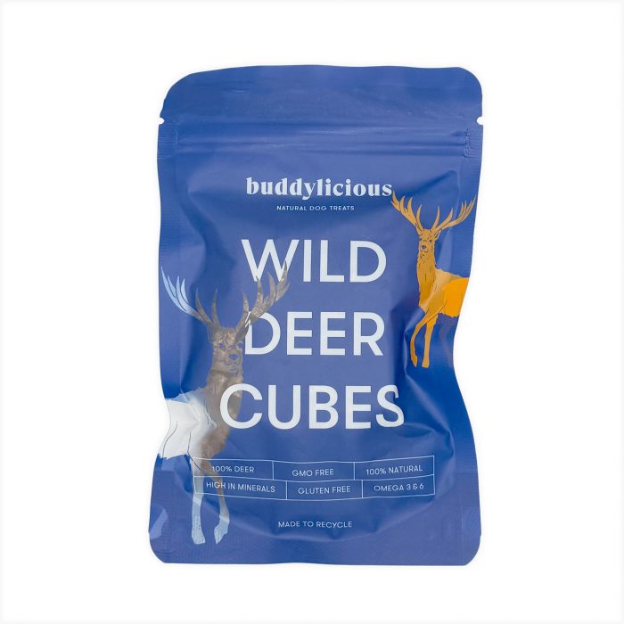 Blue Buddylicious Wild Deer Cubes dog treat bag with transparent window showing air-dried venison cubes – 100% natural, grain-free, and rich in omega oils – EdenWave.
