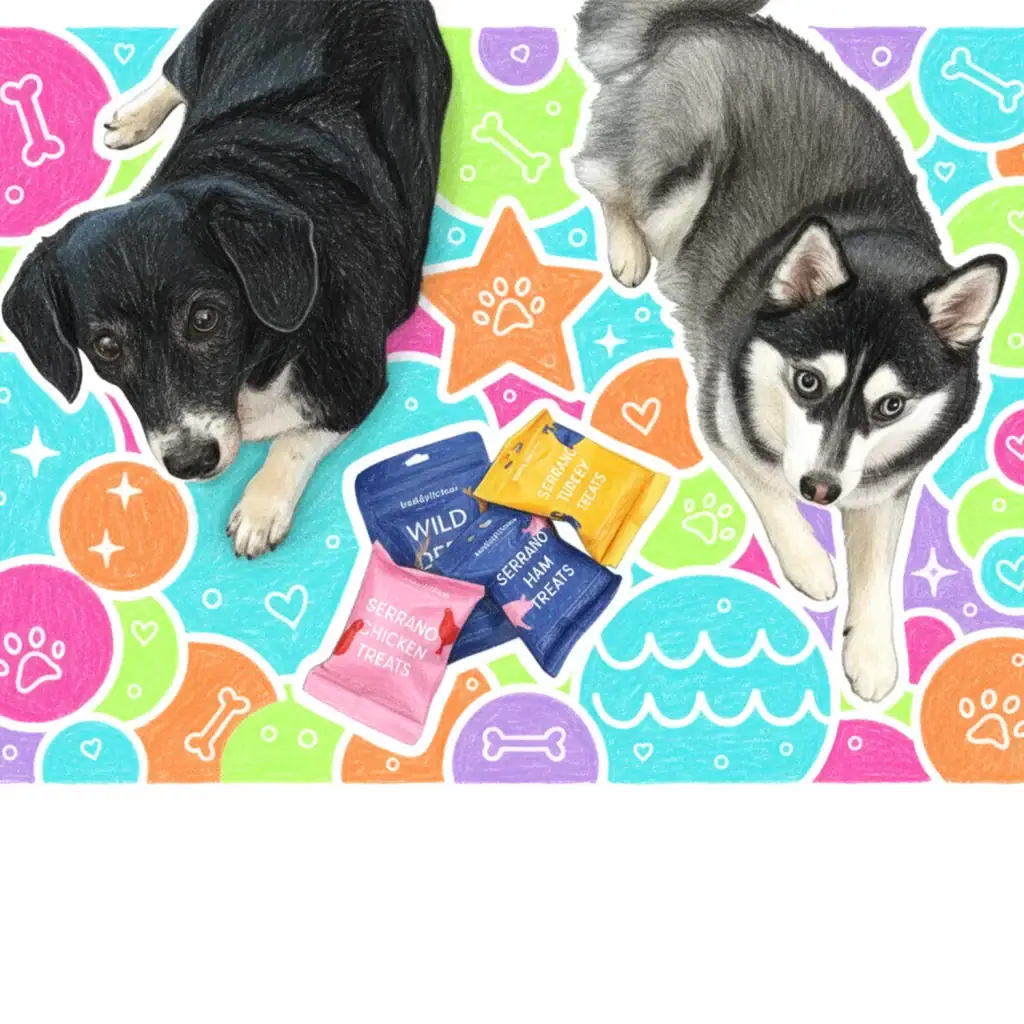 Illustration of two dogs and Buddylicious dog treats rendered in a colourful coloured-pencil style.
