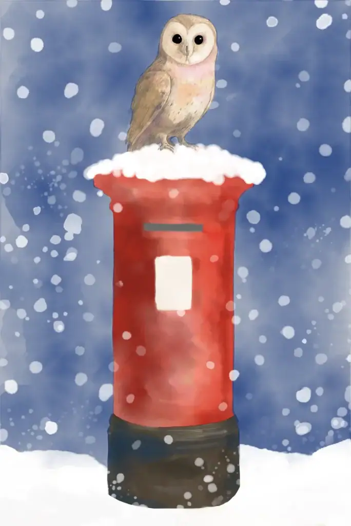 Watercolour illustration of a barn owl sitting on a snow-covered red British postbox with falling snow