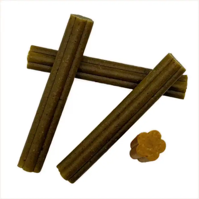 Four SOOPA Carrot & Pumpkin dental sticks with cross-section view