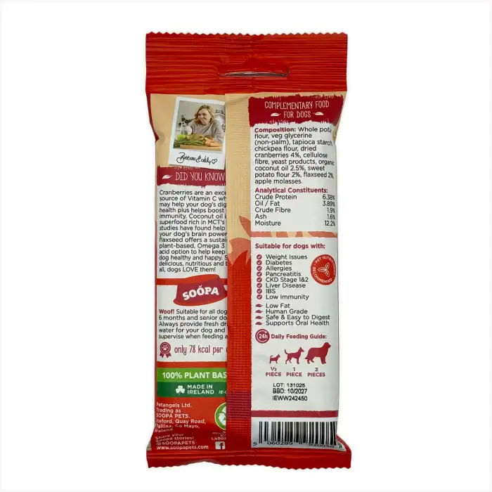 Back of Soopa Dental Sticks Cranberry & Sweet Potato pack showing ingredients, feeding guide and nutritional information.