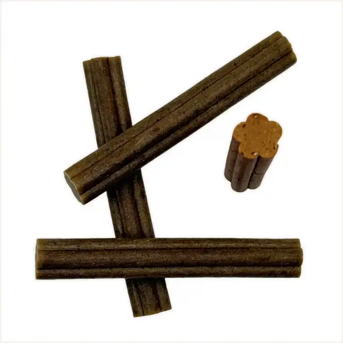 Four SOOPA Cranberry & Sweet Potato dental sticks with cross-section view