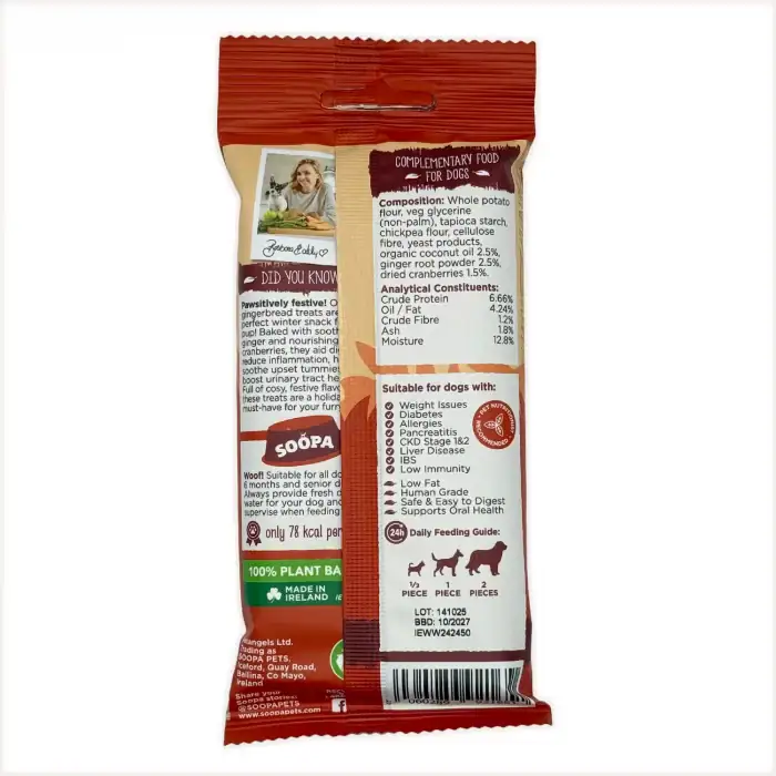 SOOPA Gingerbread Biscuit Dental Sticks back package – ingredients and nutritional information