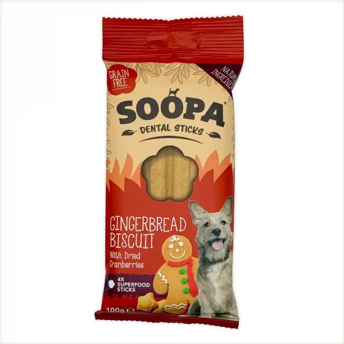 SOOPA Gingerbread Biscuit Dental Sticks front package – grain-free dog treats with dried cranberries