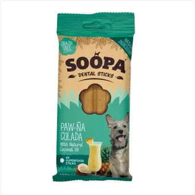 SOOPA Paw-ña Colada Dental Sticks front package – grain-free dog treats with coconut oil