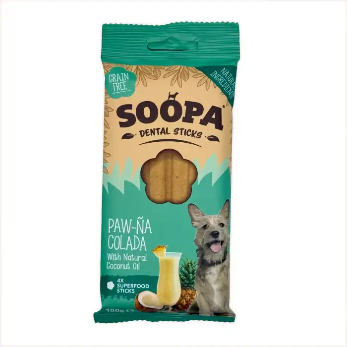SOOPA Paw-ña Colada Dental Sticks front package – grain-free dog treats with coconut oil