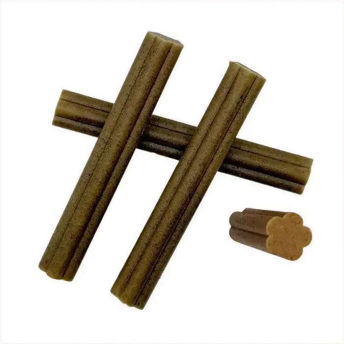 Four SOOPA Paw-ña Colada dental sticks with cross-section view