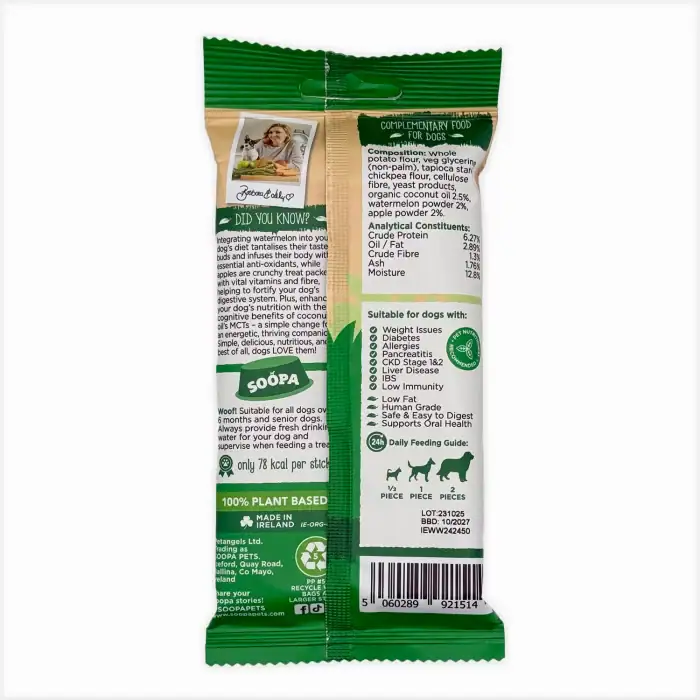 SOOPA Watermelon & Apple Dental Sticks back package – ingredients and nutritional information