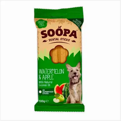 SOOPA Watermelon & Apple Dental Sticks front package – grain-free dog treats with coconut oil