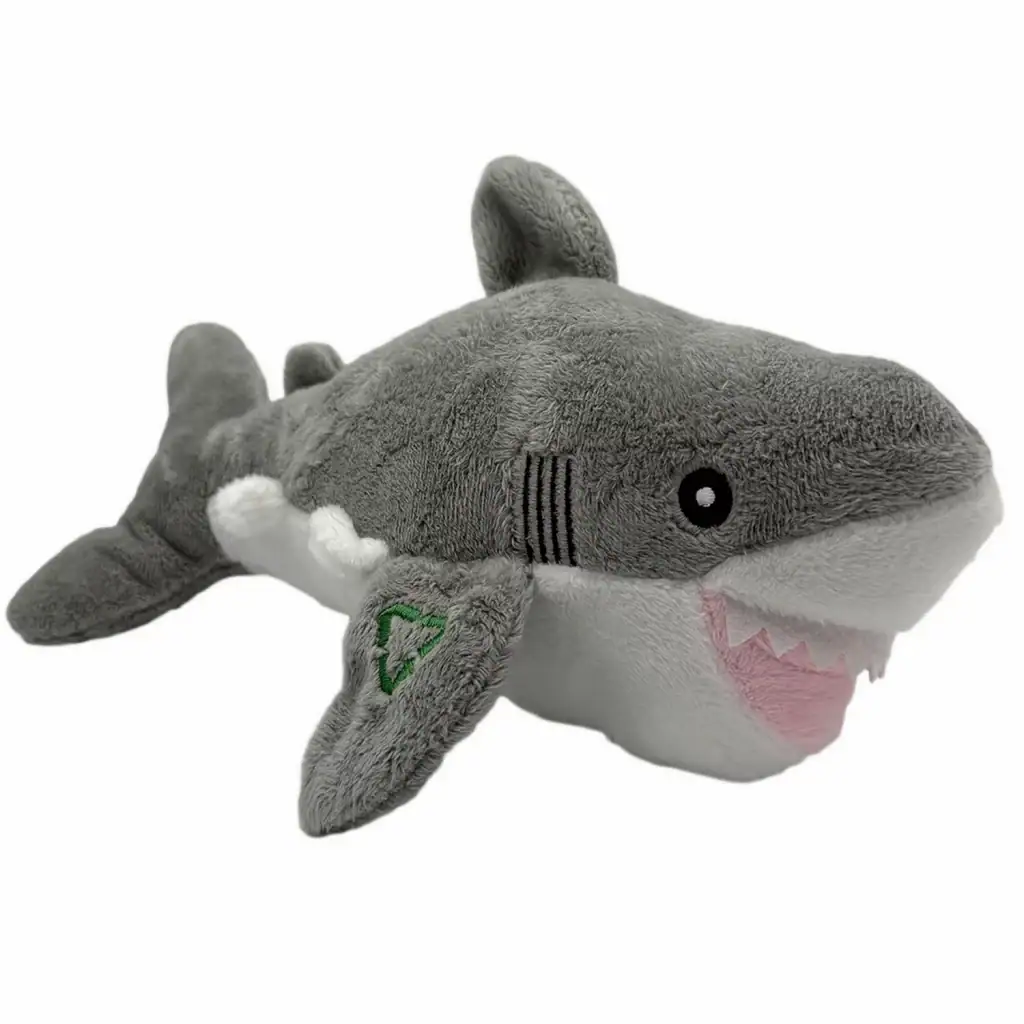 Ancol Shark Cuddler plush dog toy - soft grey shark with white belly, facing left