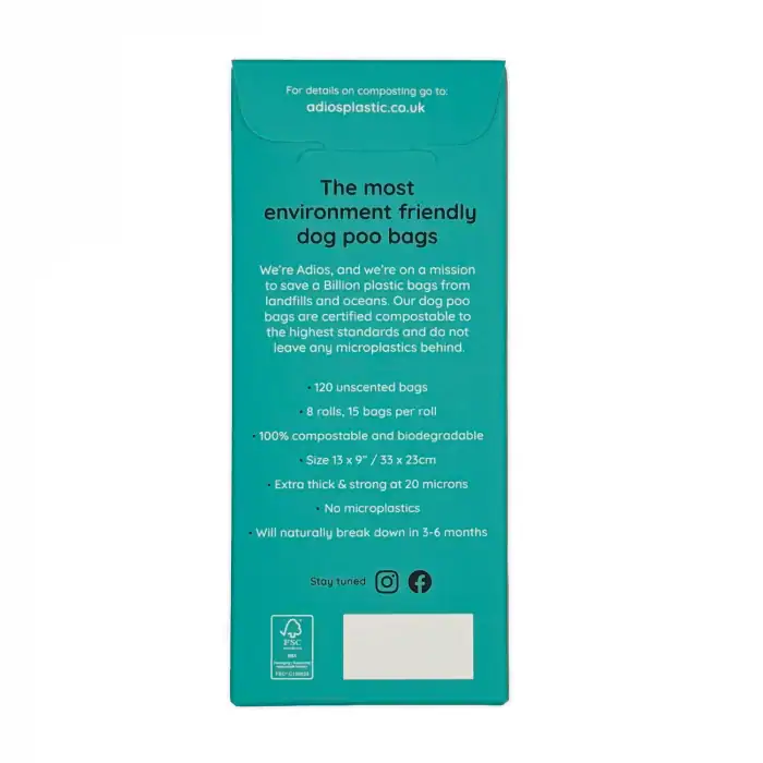 Adios Plastic compostable dog poo bags – back of packaging showing eco-friendly certifications and product details