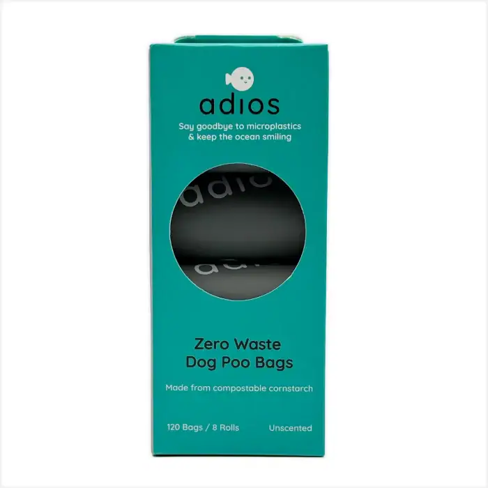 Compostable dog poo bags by Adios Plastic – 120 grey bags on 8 rolls, plant-based and eco-friendly
