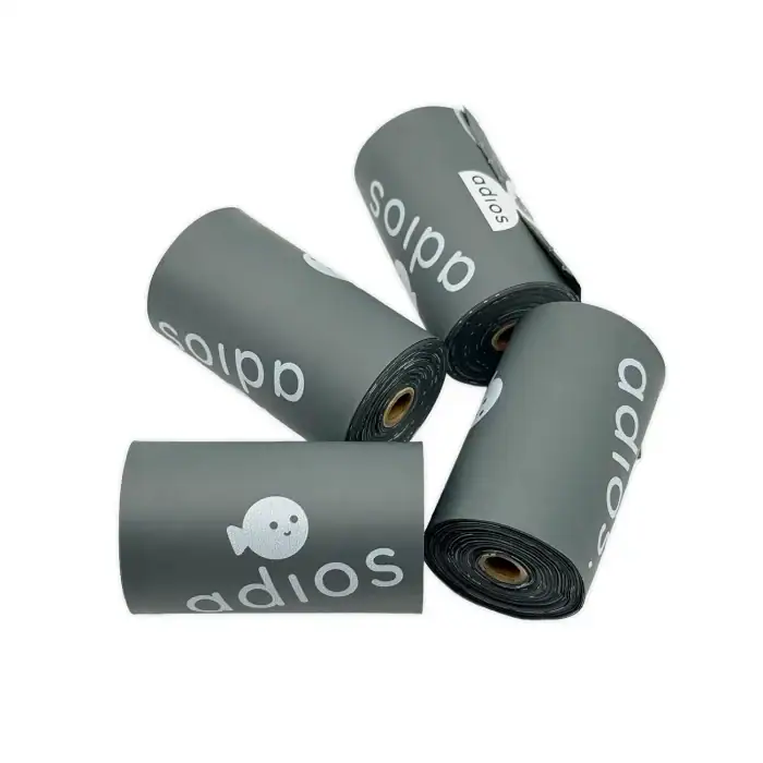 compostable dog poo bag rolls by Adios Plastic – 8 rolls of 15 bags each