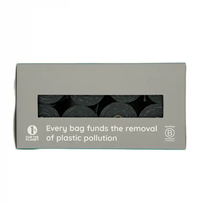 Plastic grey compostable dog poo bags – side view showing 1% for the Planet pledge