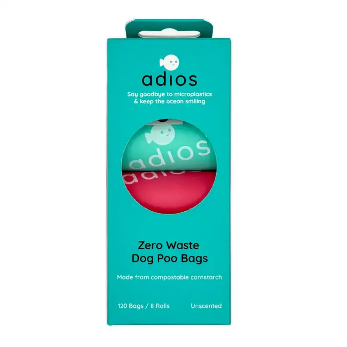Compostable dog poo bags by Adios Plastic – 120 rainbow coloured bags on 8 rolls, plant-based and eco-friendly
