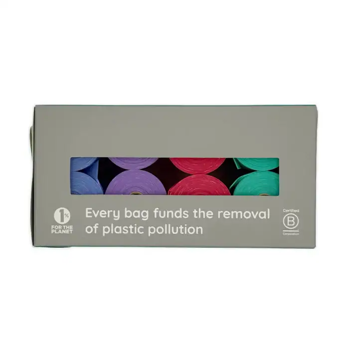 Adios Plastic rainbow compostable dog poo bags – side view showing 1% for the Planet pledge