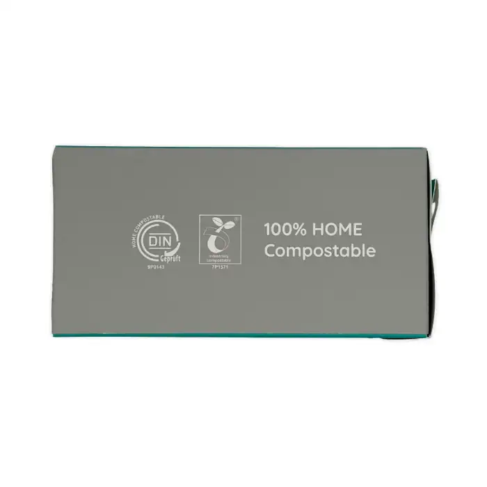 Adios Plastic compostable dog poo bags – side view showing 100% home compostable certification
