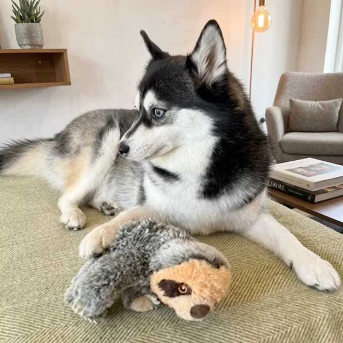 Momo the Pomsky resting beside the Ancol Scout Sloth Mini recycled plush dog toy at home