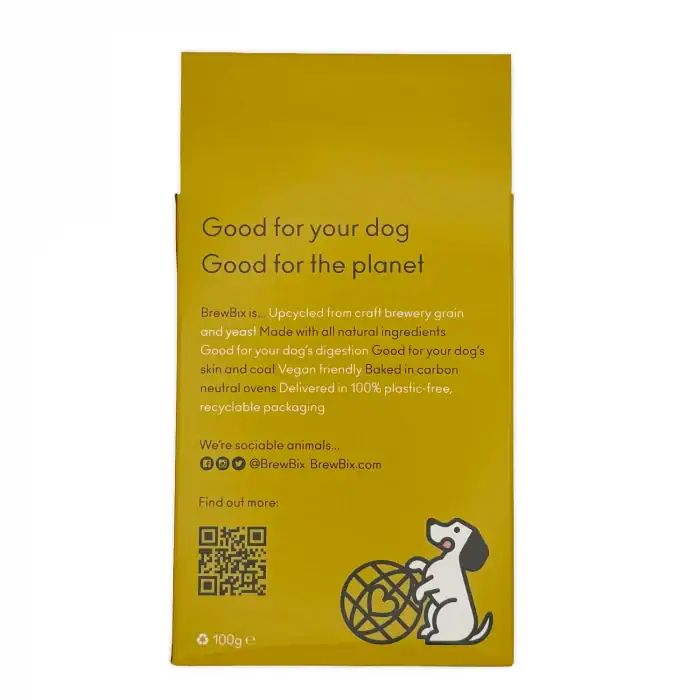BrewBix peanut butter dog biscuits – back of box showing ingredients and nutritional information