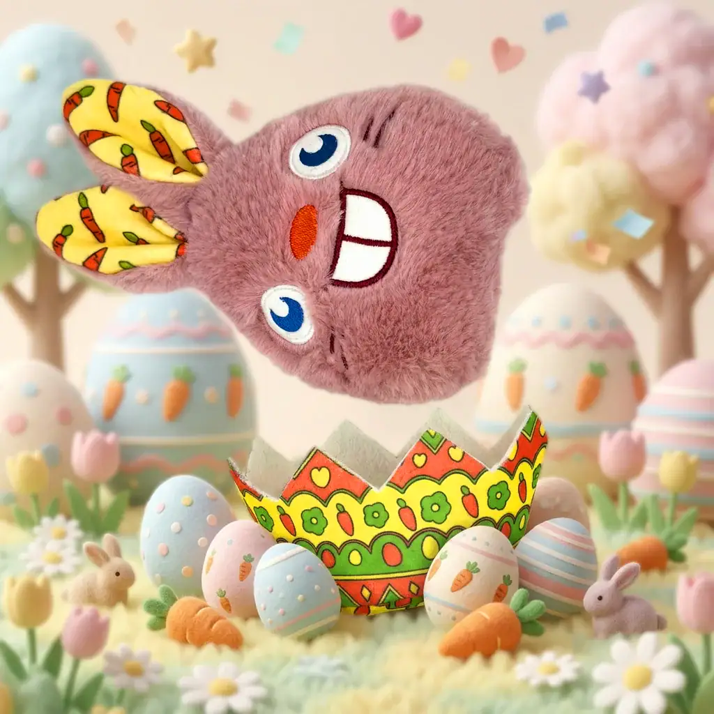 WufWuf rabbit in eggshell interactive plush dog toy on Easter meadow background