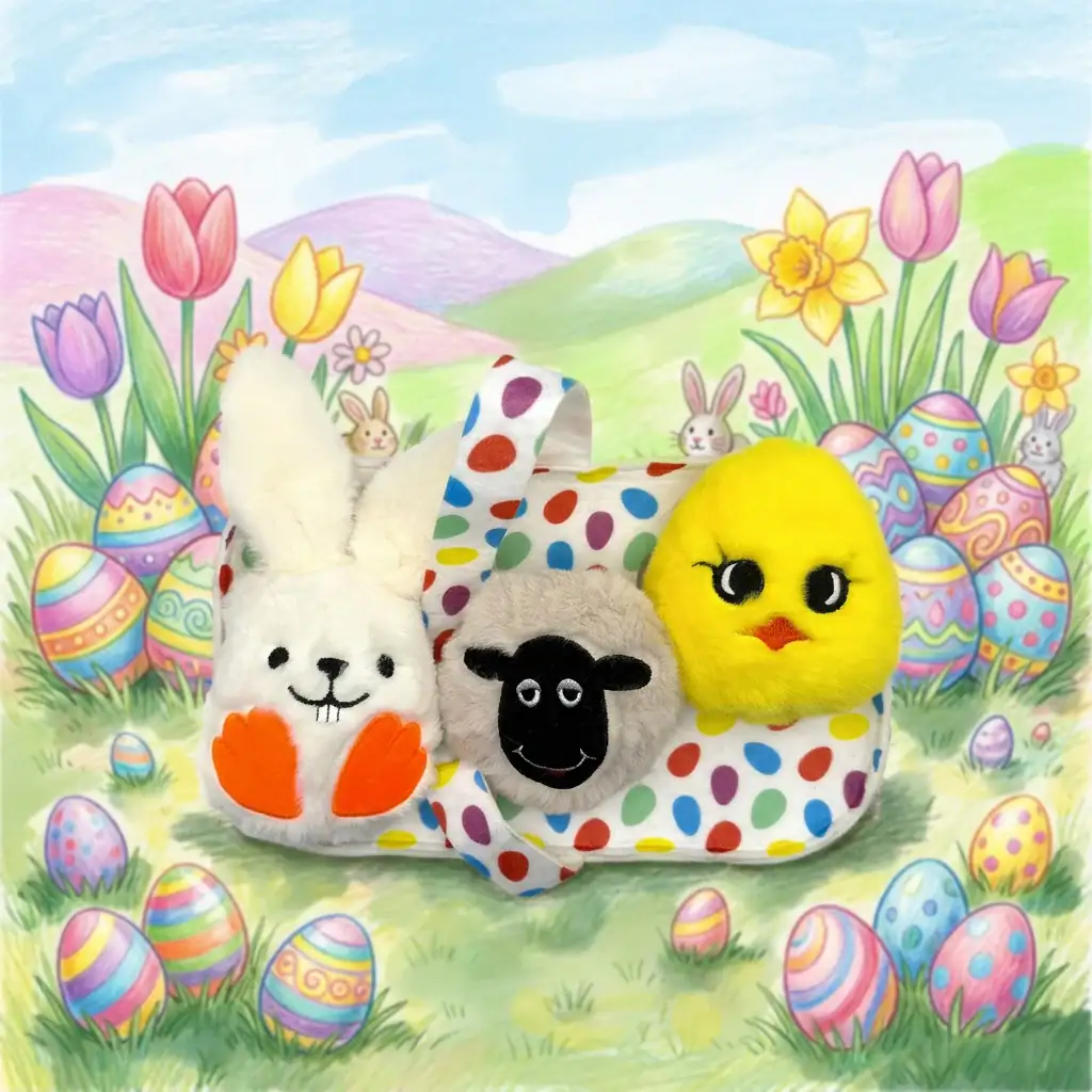 WufWuf Spring Basket lamb bunny chick hide and seek plush dog toy on Easter meadow
