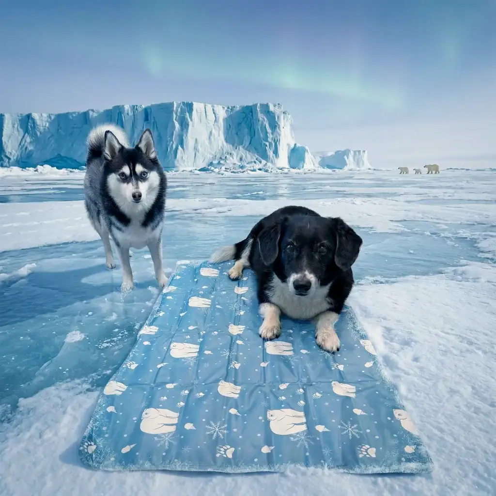 AI-generated illustration of a Pomsky and a black corgi mix relaxing on the Ancol Ice Paw Mat, with icebergs and the northern lights in the background
