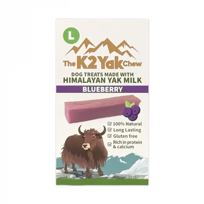 K2 Yak Chew Blueberry Large packaging — natural Himalayan yak milk dog treat with real blueberry