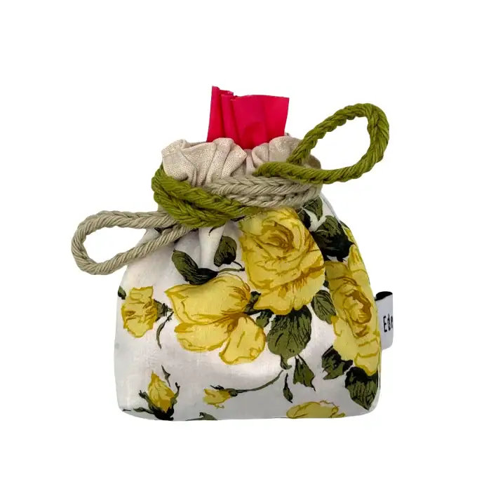 Handmade dog poo bag holder in white Liberty Tana Lawn by EdenWave – front view with drawstring crossed and tied